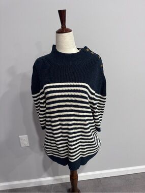 Maeve Anthropologie Navy & White Striped Button-Shoulder Sweater XL